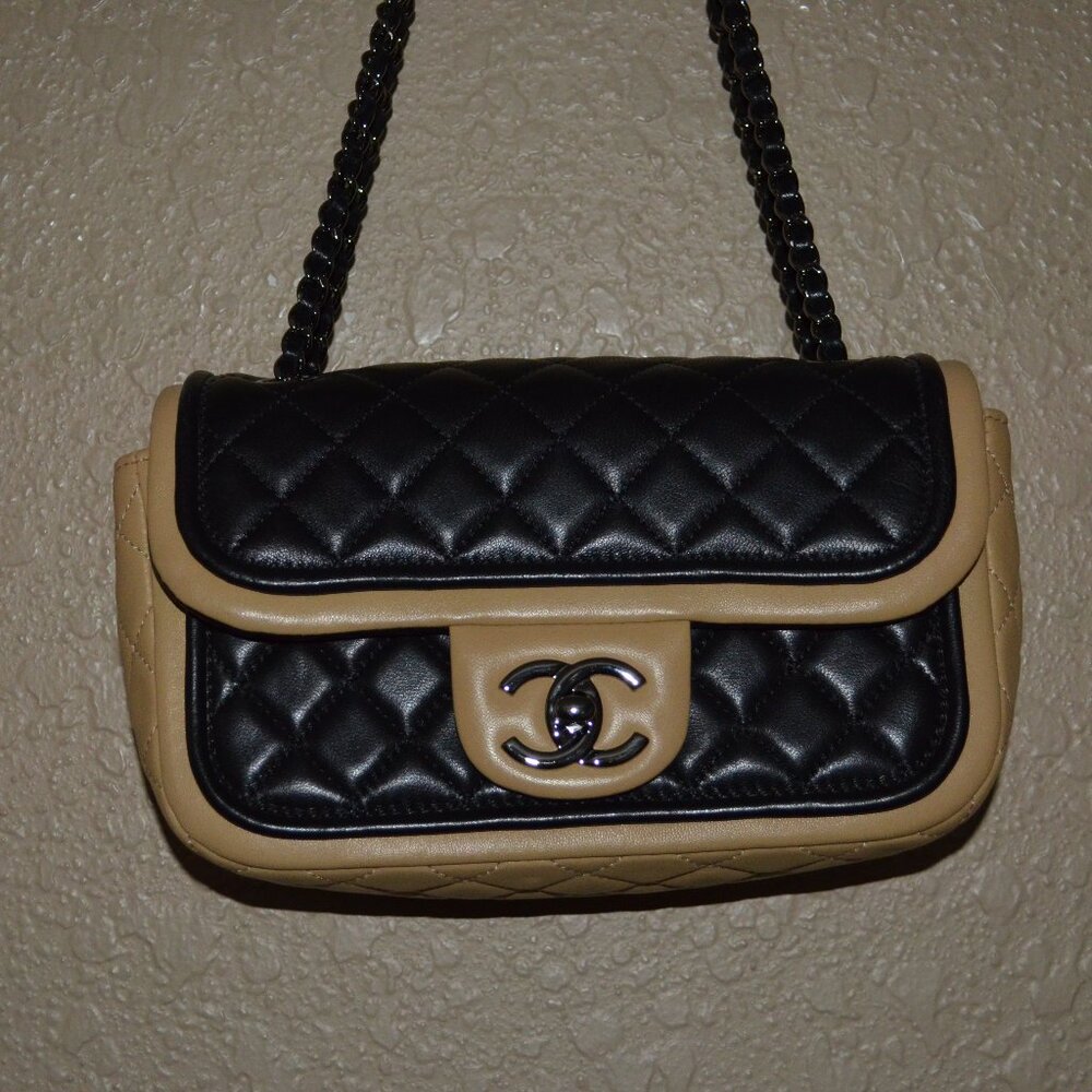 Chanel Black Small Tan Two Tone Flap Chain Strap Crossbody Shoulder Handbag - Picture 2 of 13